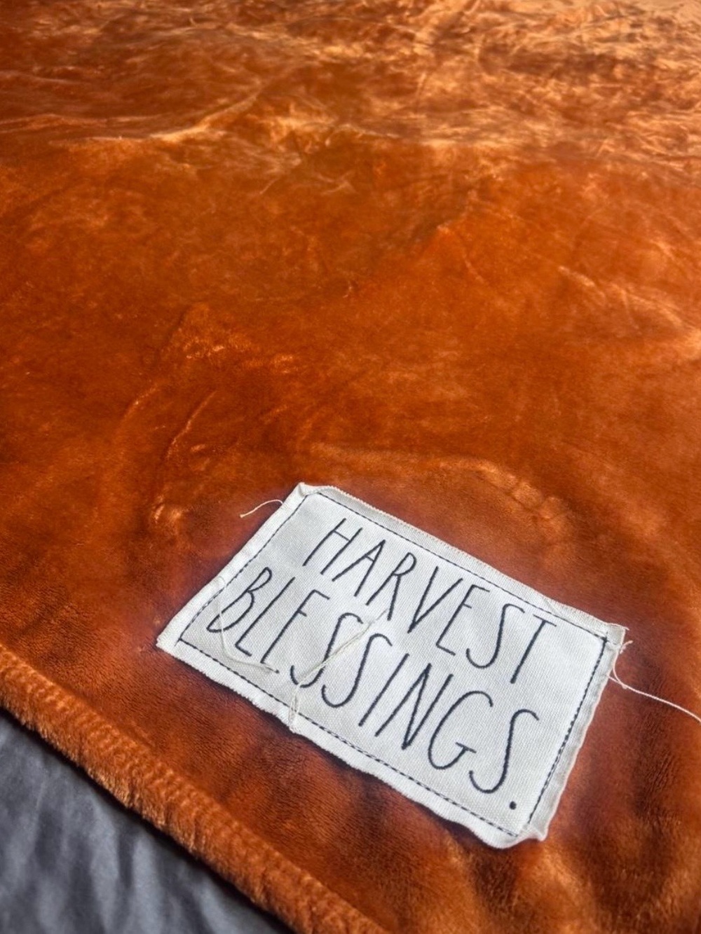 Rae Dunn Brown fall Plush Throw blanket harvest a blessings, patch, cozy holiday - Picture 3 of 7